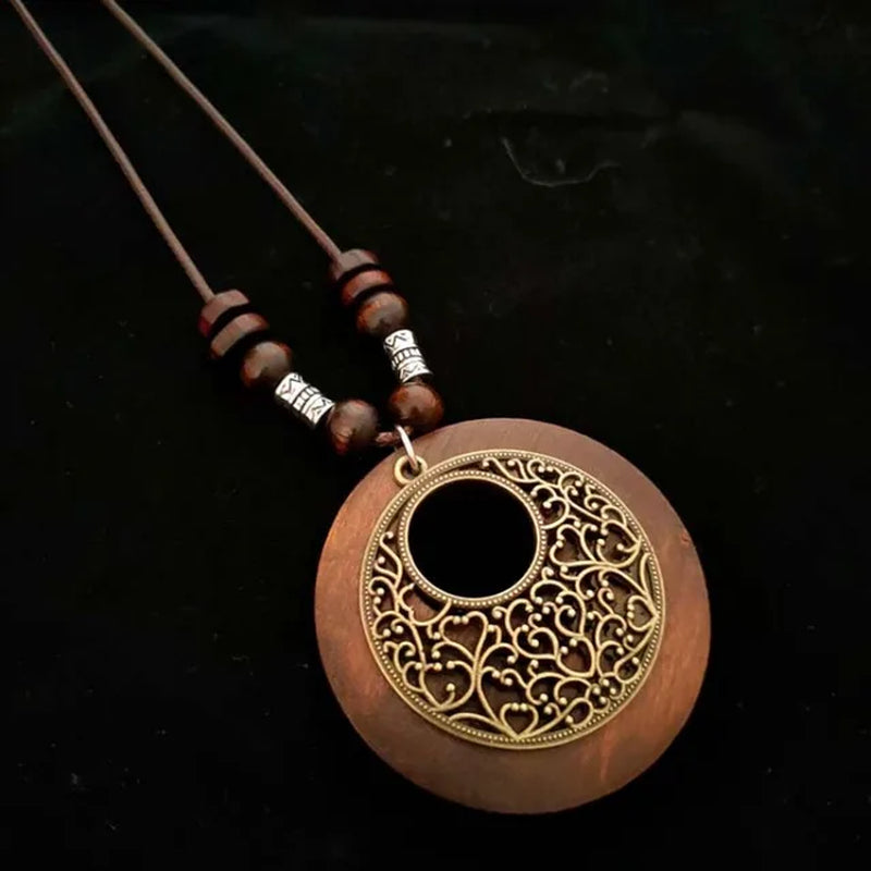 Vintage  Wind Wooden Pendant Long Necklace with leather strap for Women