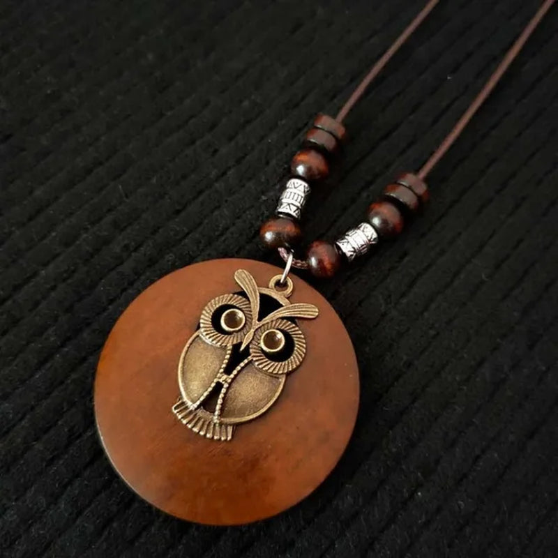 Vintage  Wind Wooden Pendant Long Necklace with leather strap for Women