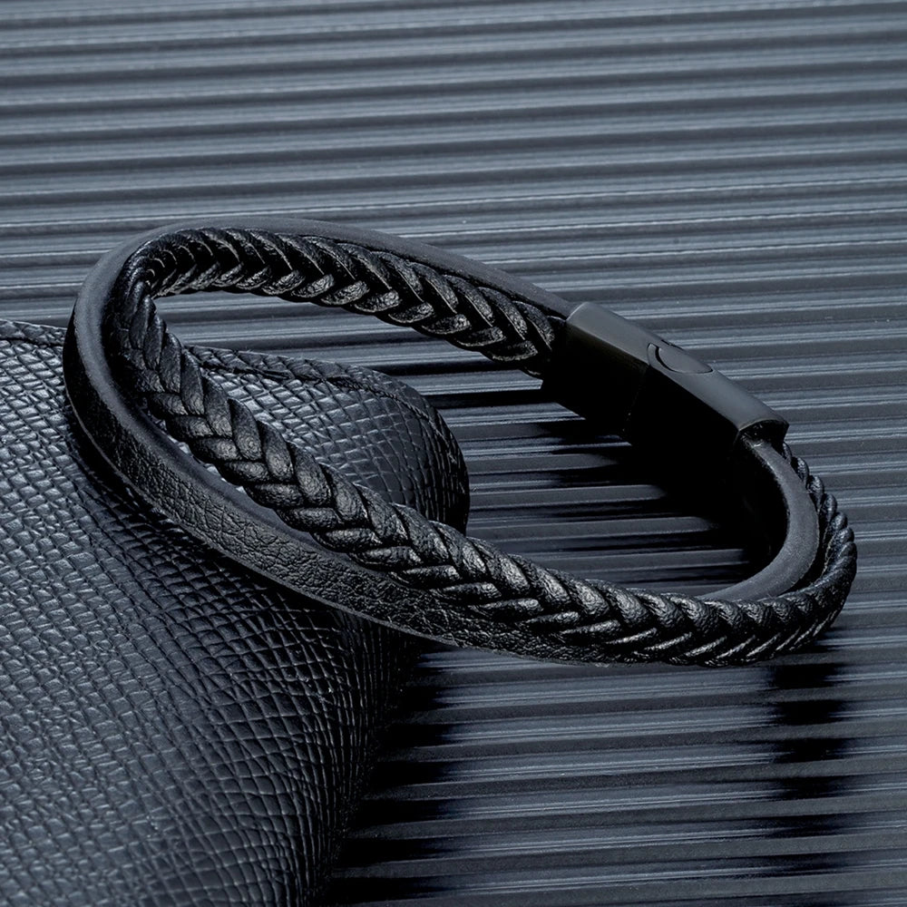 Handmade Matte Black Double Strand Leather Bracelet