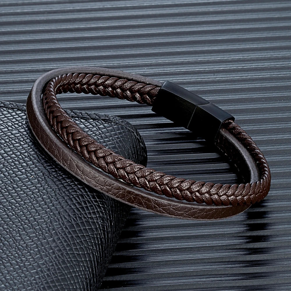 Handmade Matte Black Double Strand Leather Bracelet