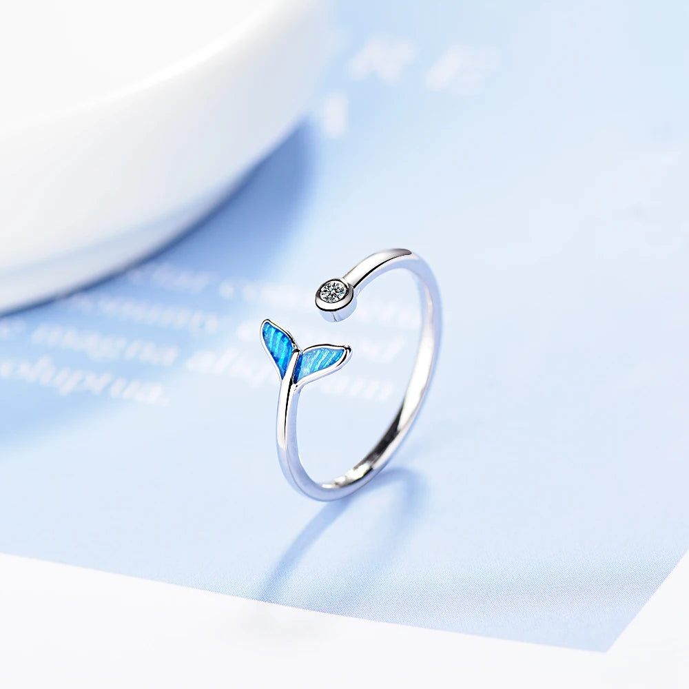 Oceanic Romance Silver Mermaid Tail Ring with Sea Whale Design