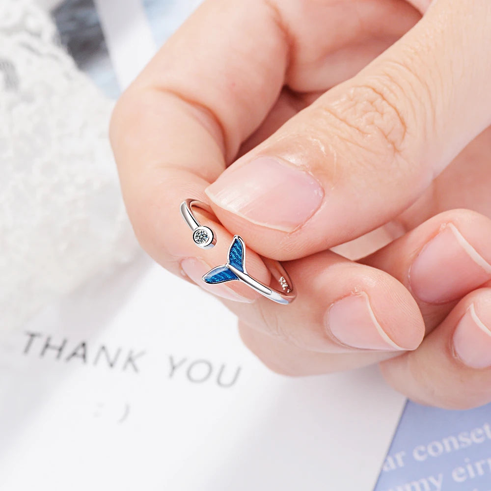 Oceanic Romance Silver Mermaid Tail Ring with Sea Whale Design