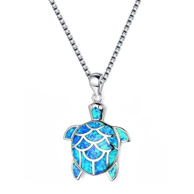 Blue Turtle Charm Necklace - Bohemian Imitation Opal Jewelry Gift for Her