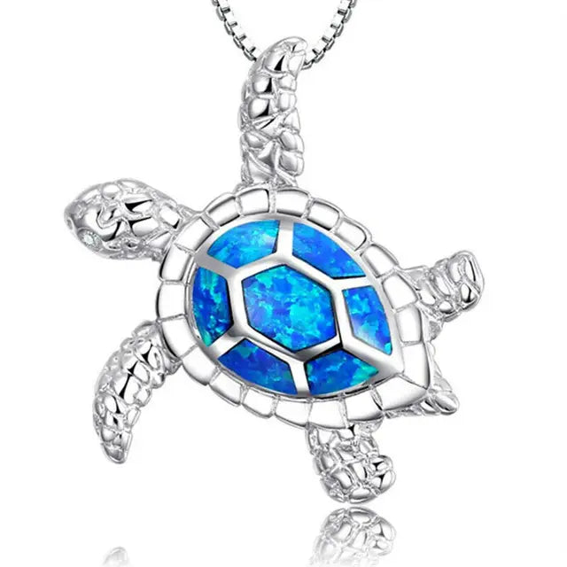 Blue Turtle Charm Necklace - Bohemian Imitation Opal Jewelry Gift for Her