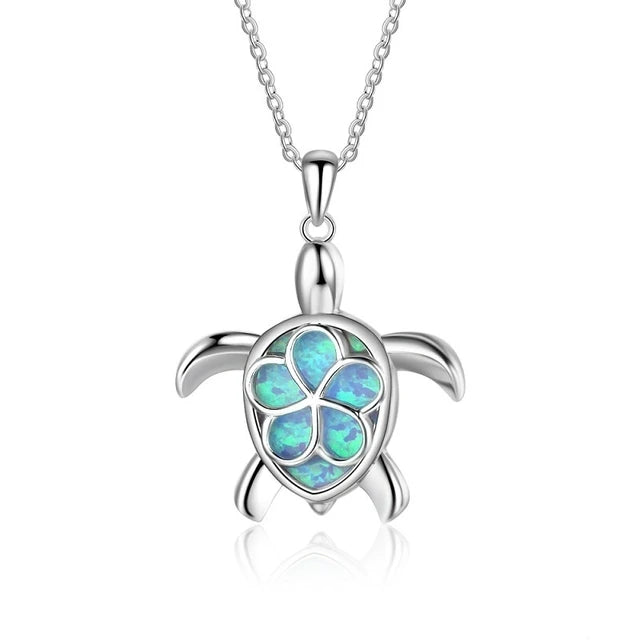 Blue Turtle Charm Necklace - Bohemian Imitation Opal Jewelry Gift for Her