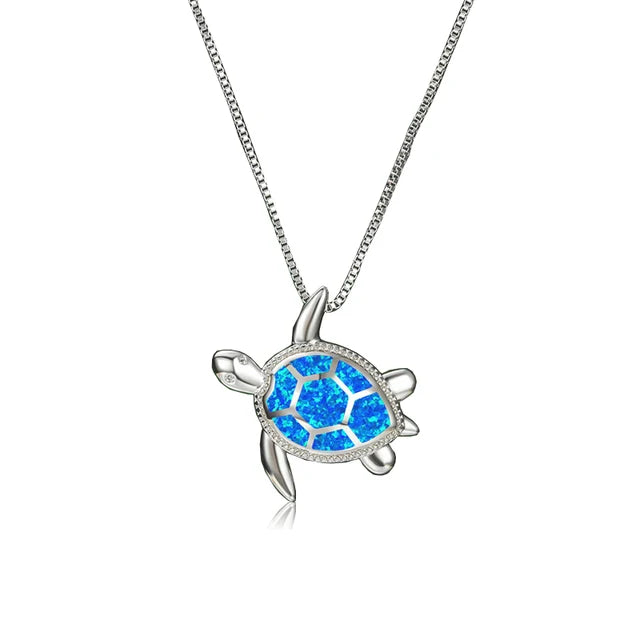 Blue Turtle Charm Necklace - Bohemian Imitation Opal Jewelry Gift for Her