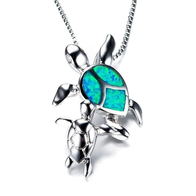 Blue Turtle Charm Necklace - Bohemian Imitation Opal Jewelry Gift for Her