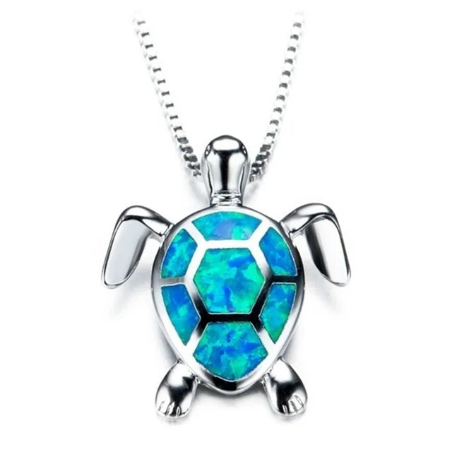 Blue Turtle Charm Necklace - Bohemian Imitation Opal Jewelry Gift for Her