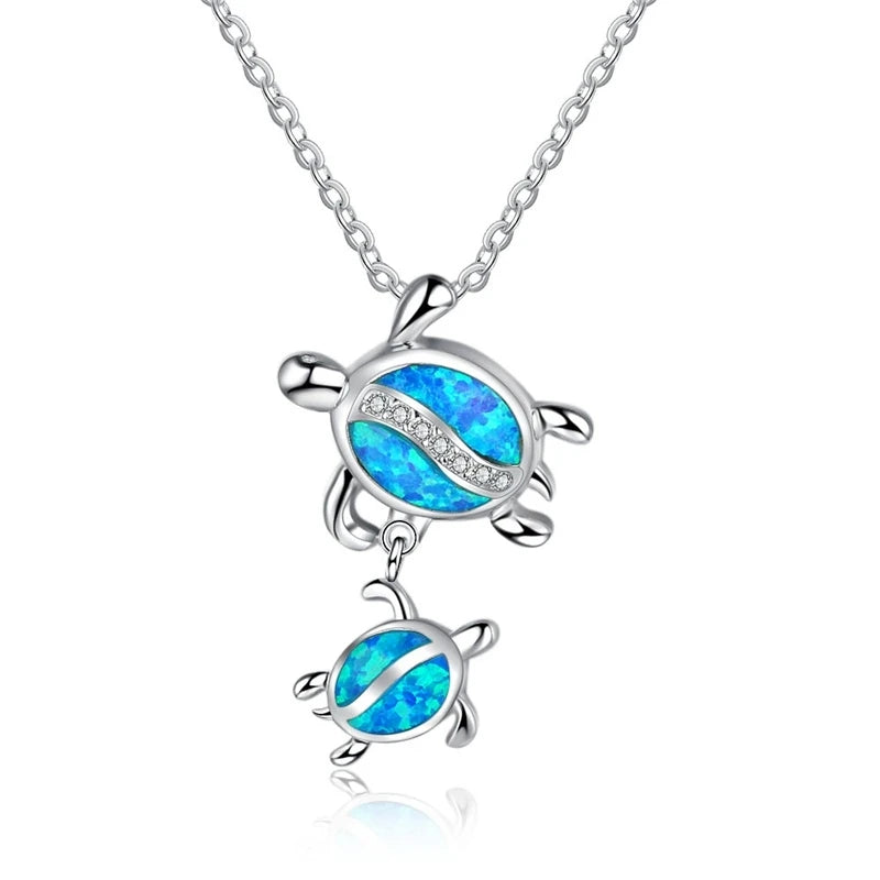 Blue Turtle Charm Necklace - Bohemian Imitation Opal Jewelry Gift for Her