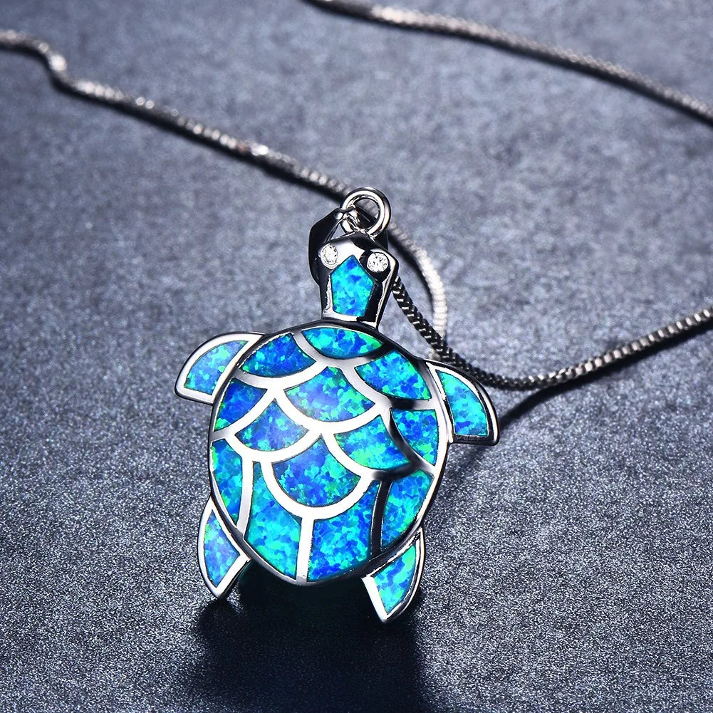 Blue Turtle Charm Necklace - Bohemian Imitation Opal Jewelry Gift for Her