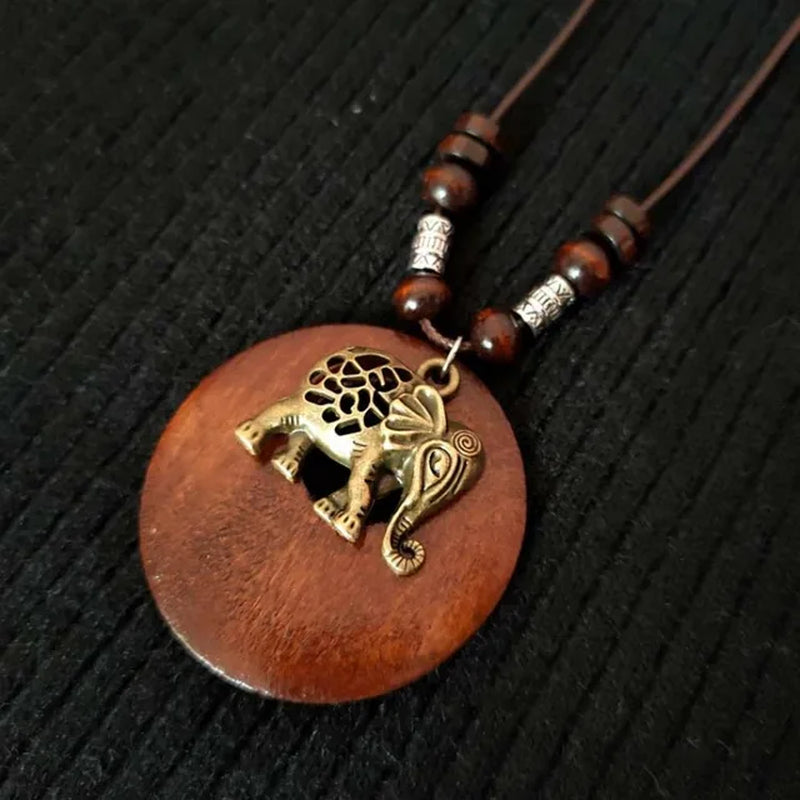 Vintage  Wind Wooden Pendant Long Necklace with leather strap for Women