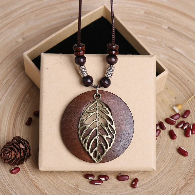 Vintage  Wind Wooden Pendant Long Necklace with leather strap for Women