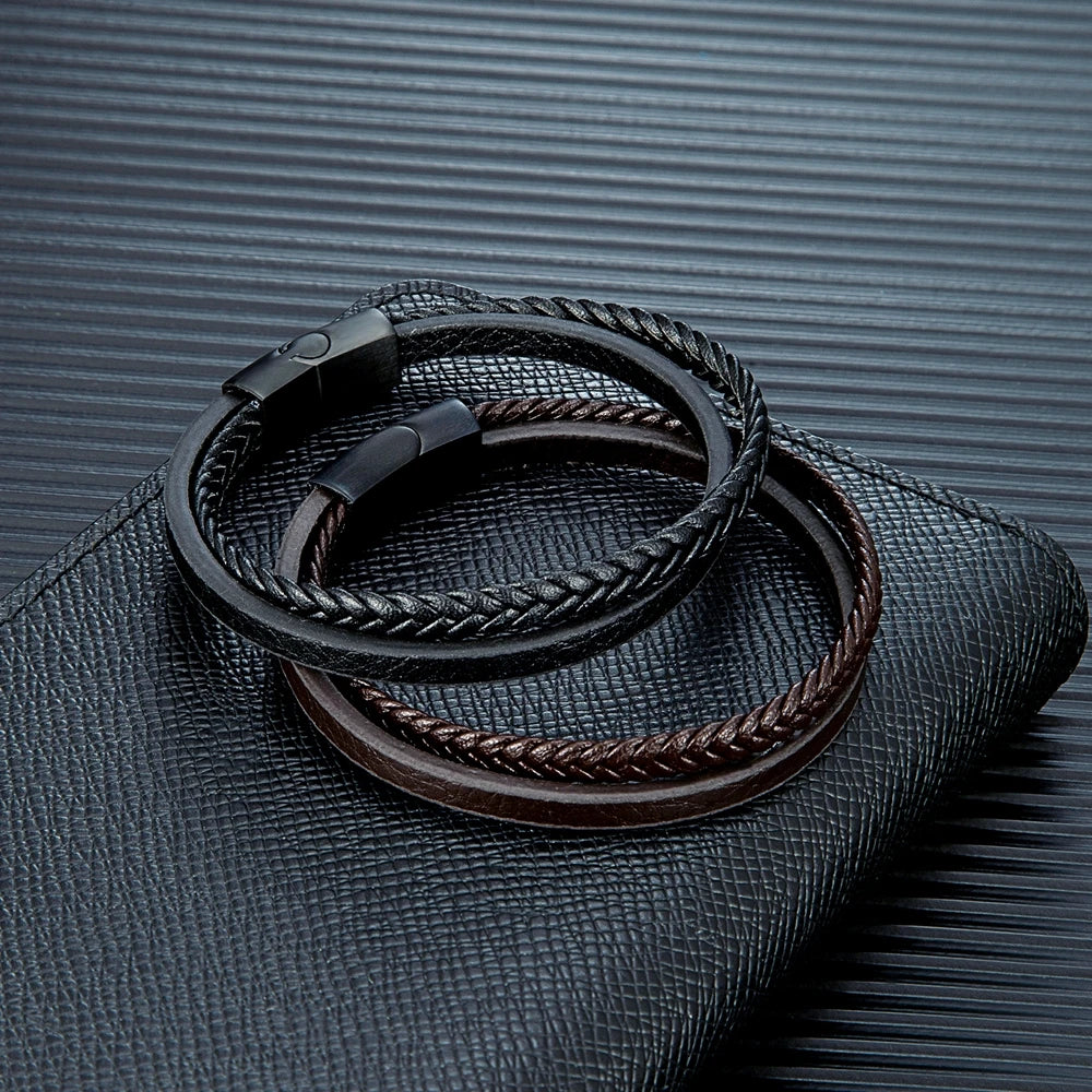 Handmade Matte Black Double Strand Leather Bracelet